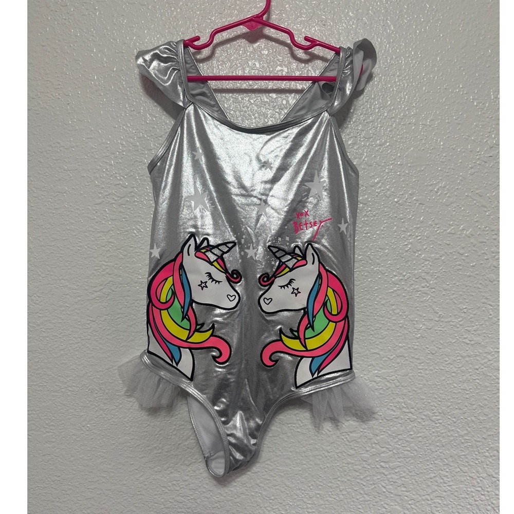 Betsey Johnson Girls Metallic Silver Unicorn One Piece Swimsuit Ruffle Size 12